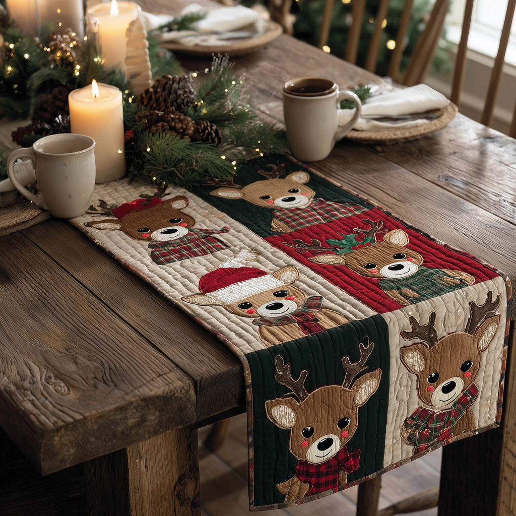 Reindeer Faces on Red Plaid Table Runner