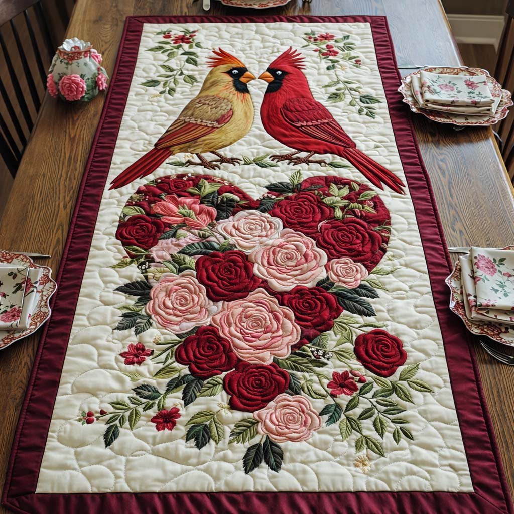 Cardinal Above Pink Rose Heart Table Runner