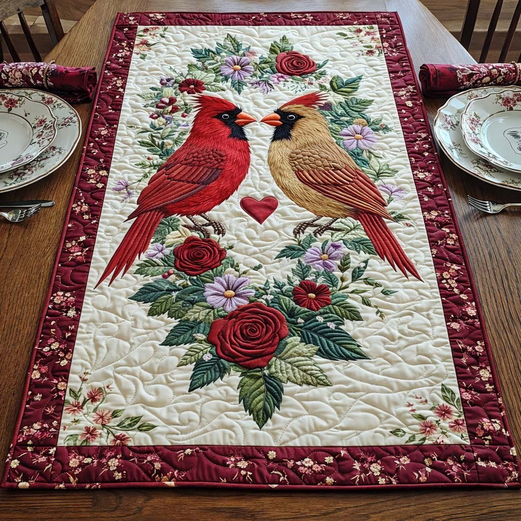 Cardinal Pair with Red Roses Table Runner