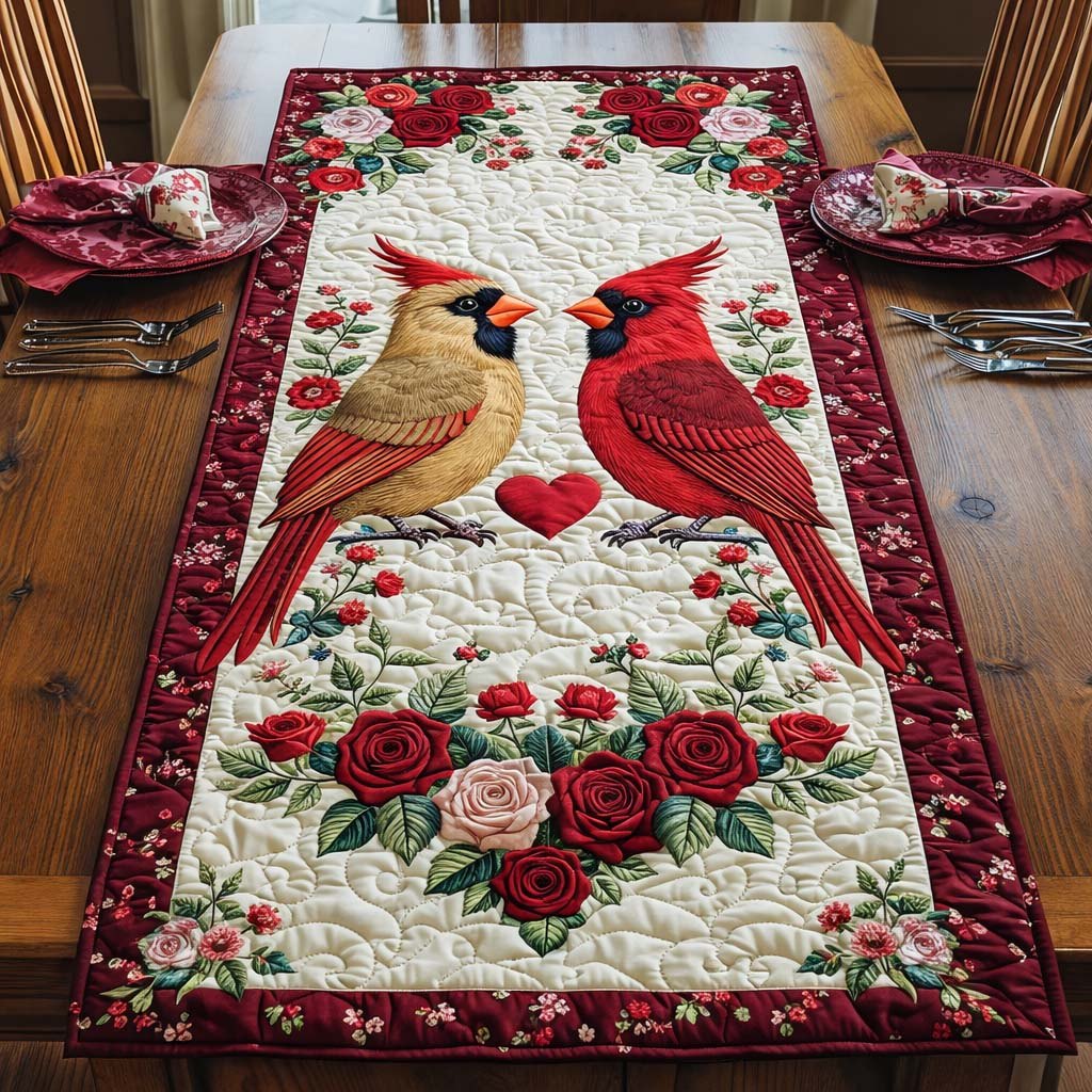 Two Cardinals over Rose Bouquet Table Runner