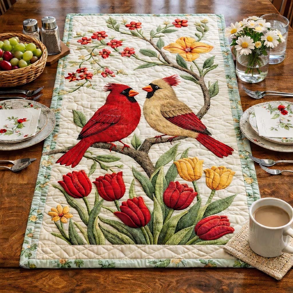 Cardinals Above Red Tulips Table Runner