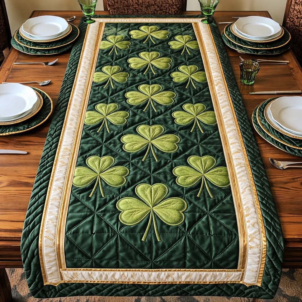 Pale Green Shamrocks on Dark Green Table Runner