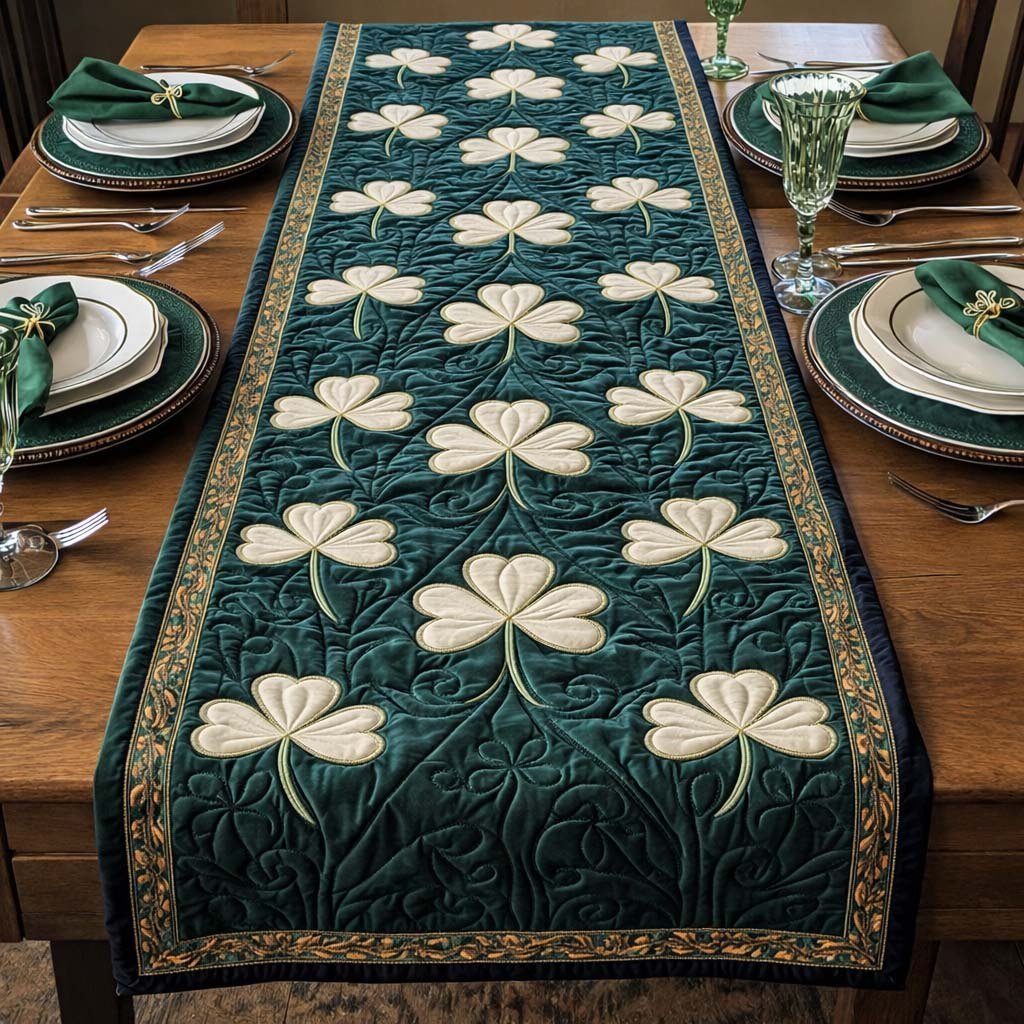 Cream Shamrocks on Teal Panel Table Runner