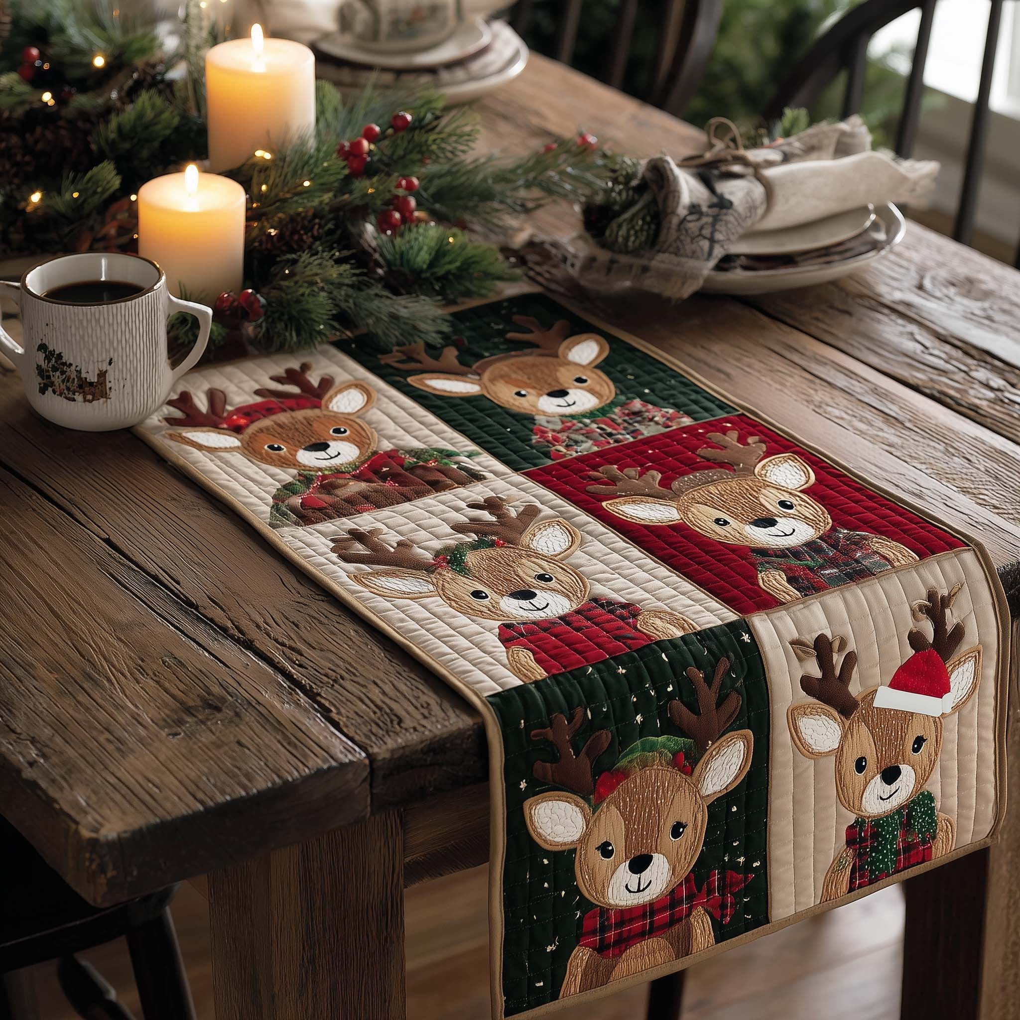 Reindeer in Scarves on Green Table Runner