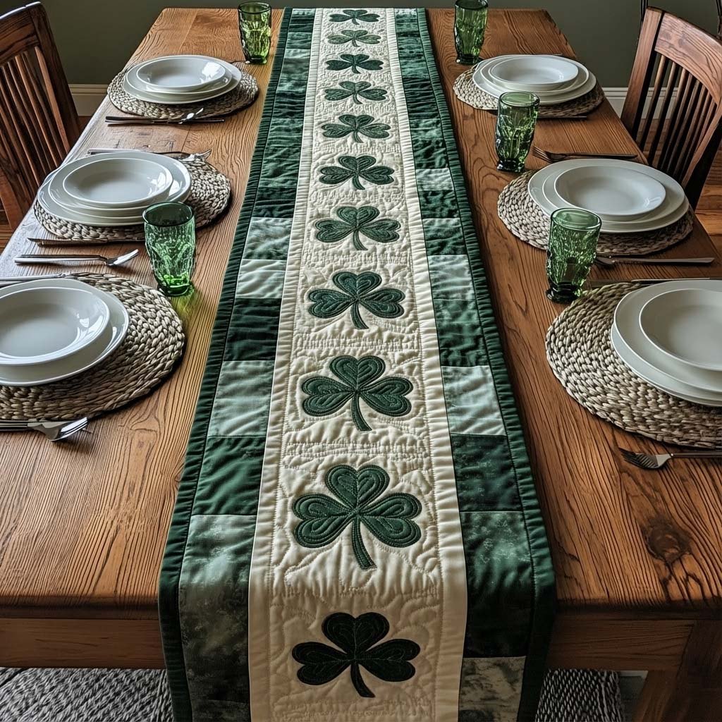 Green Shamrocks on Cream Stripe Table Runner