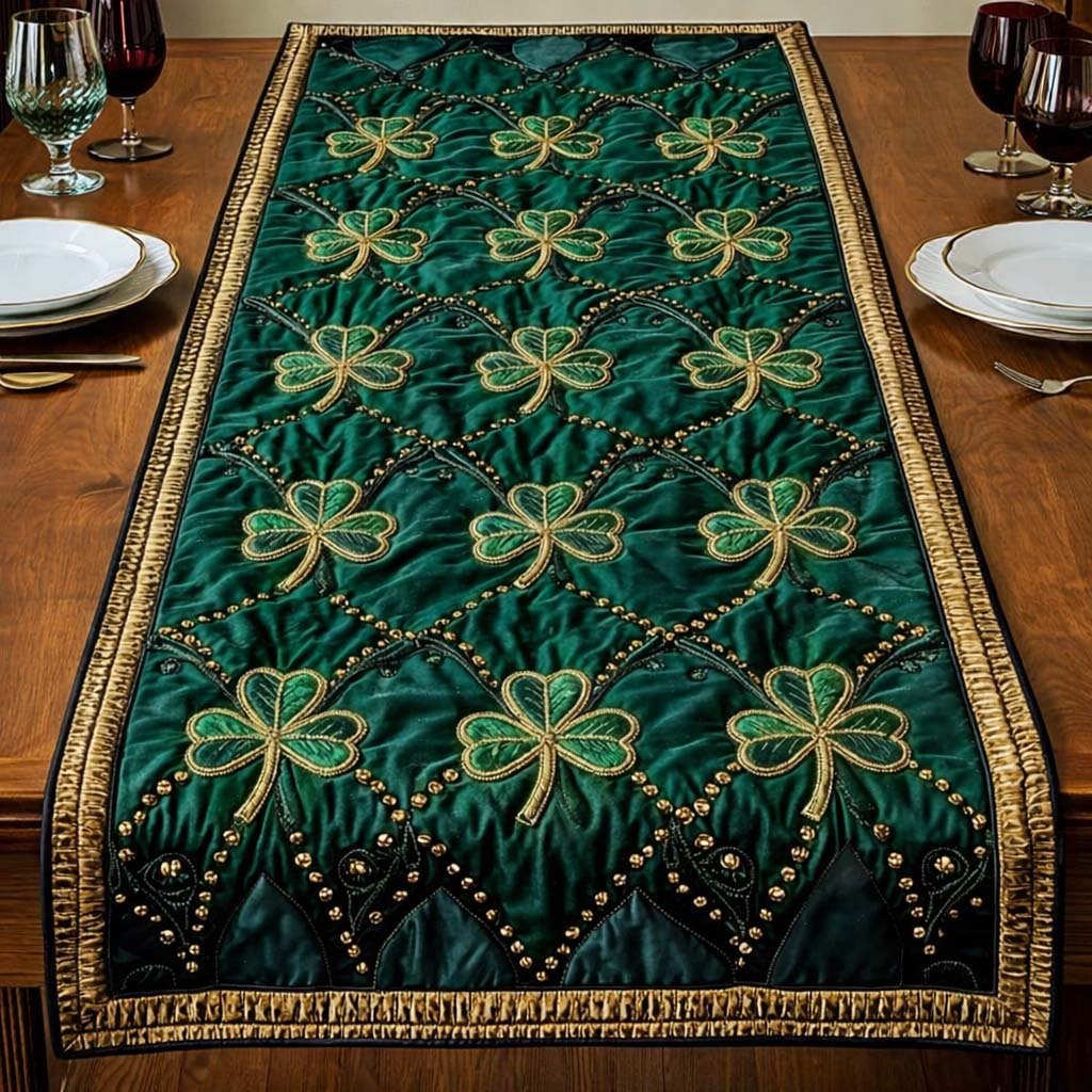 Gold Outlined Shamrocks on Teal Table Runner