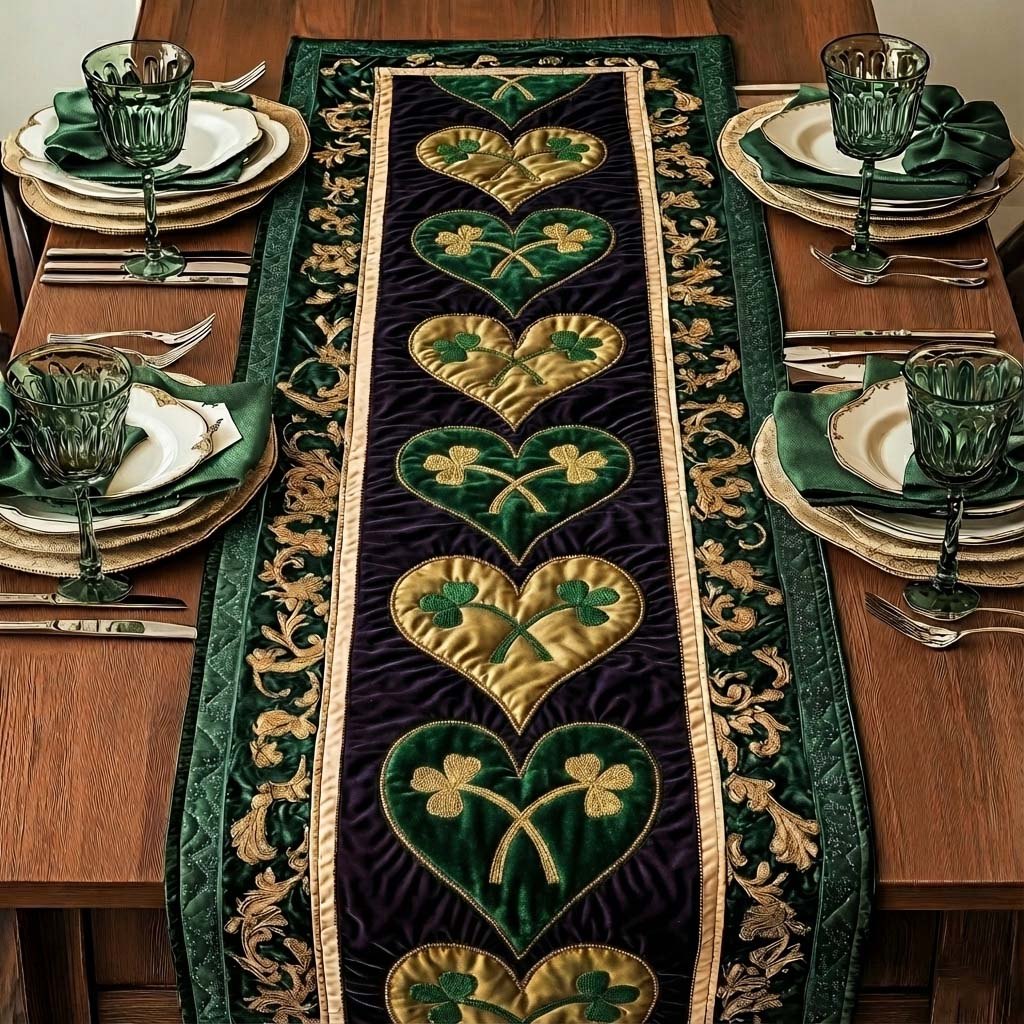 Gold Clover Hearts on Black Table Runner