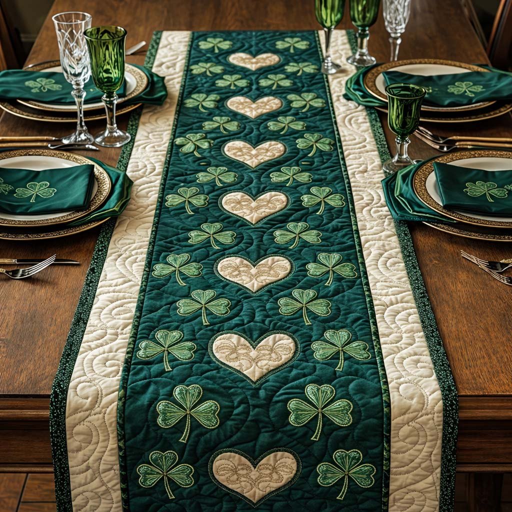 Cream Hearts with Shamrocks on Green Table Runner
