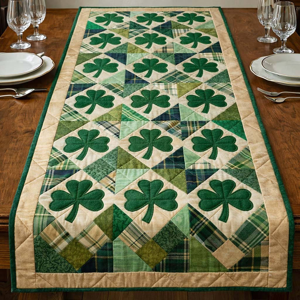Shamrocks on Green Plaid Patchwork Table Runner