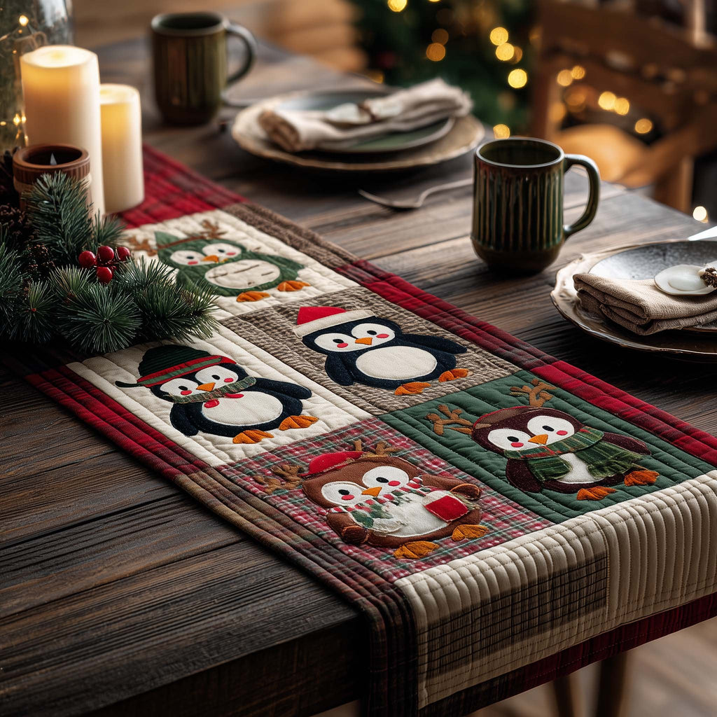 Penguins with Scarves on Plaid Table Runner