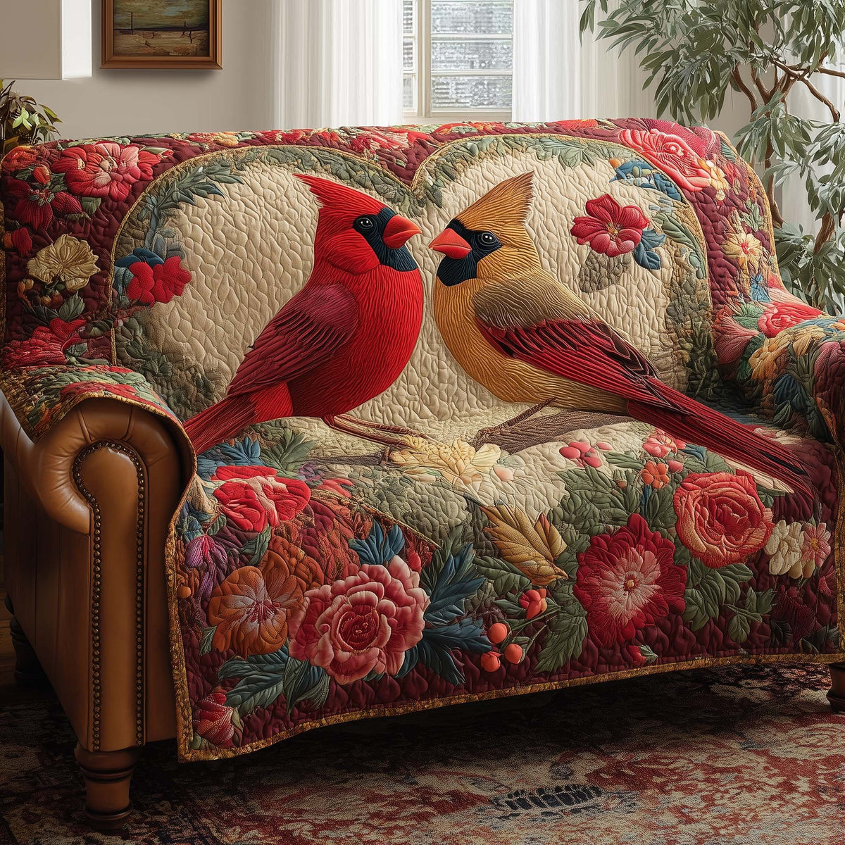Cardinals Among the Red Roses Sofa Cover