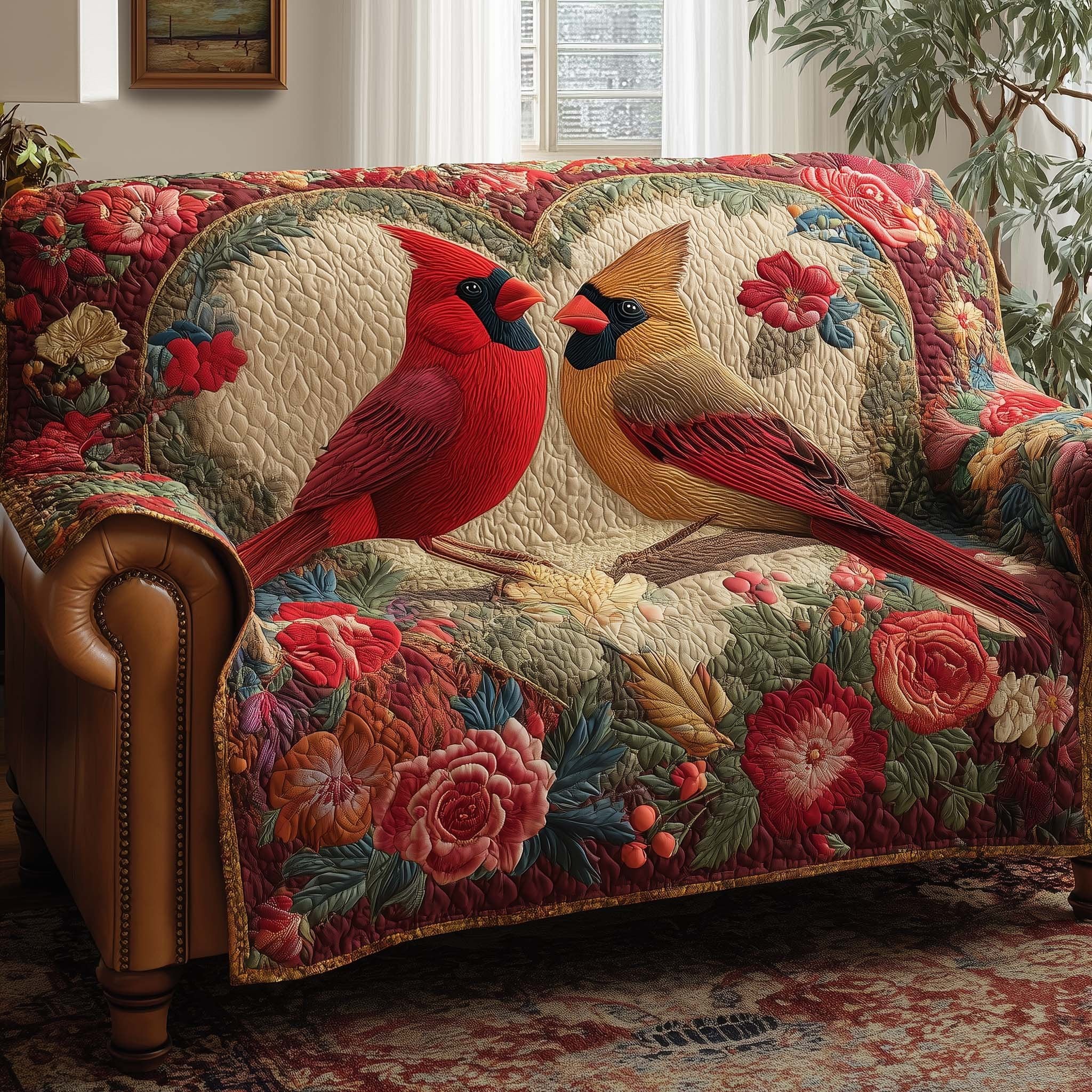 Cardinals Among the Red Roses Sofa Cover