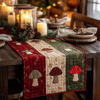 Red Toadstools on Green and Red Table Runner