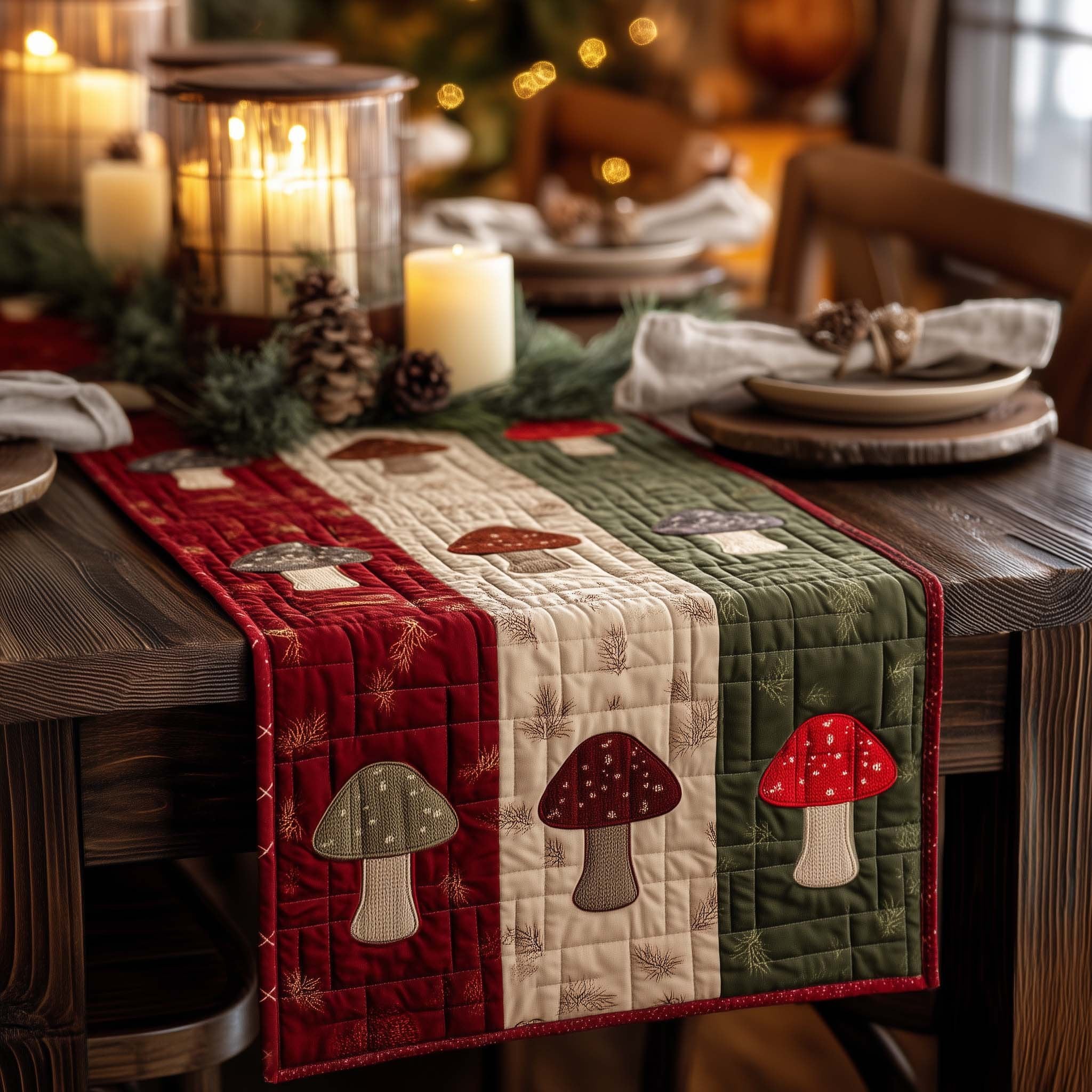 Red Toadstools on Green and Red Table Runner