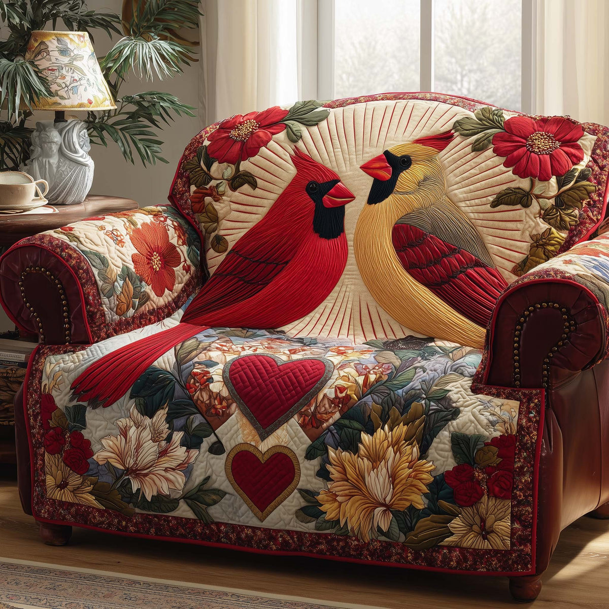 Cardinals with Hearts and Blossoms Sofa Cover