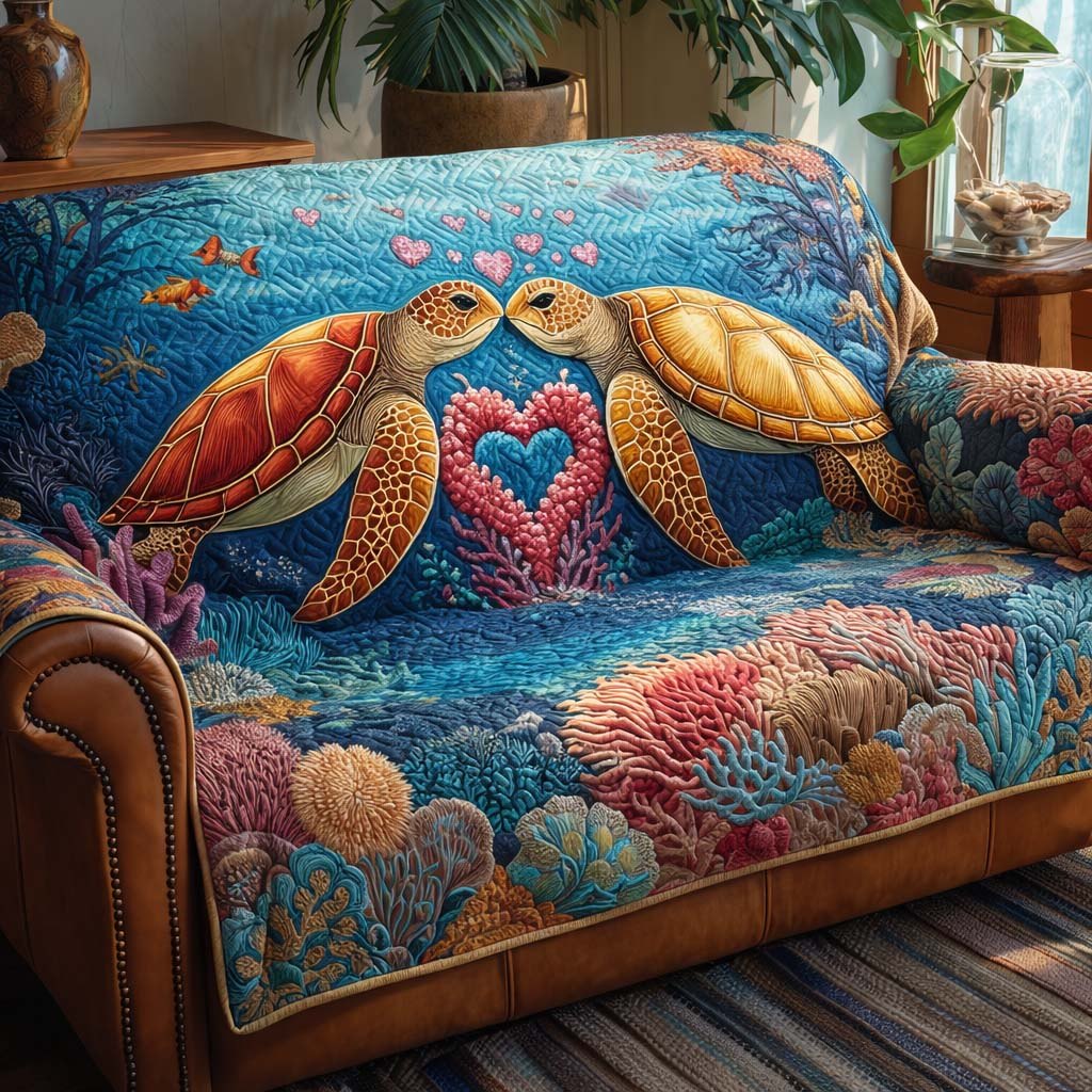 Sea Turtles Forming a Heart on the Reef Sofa Cover