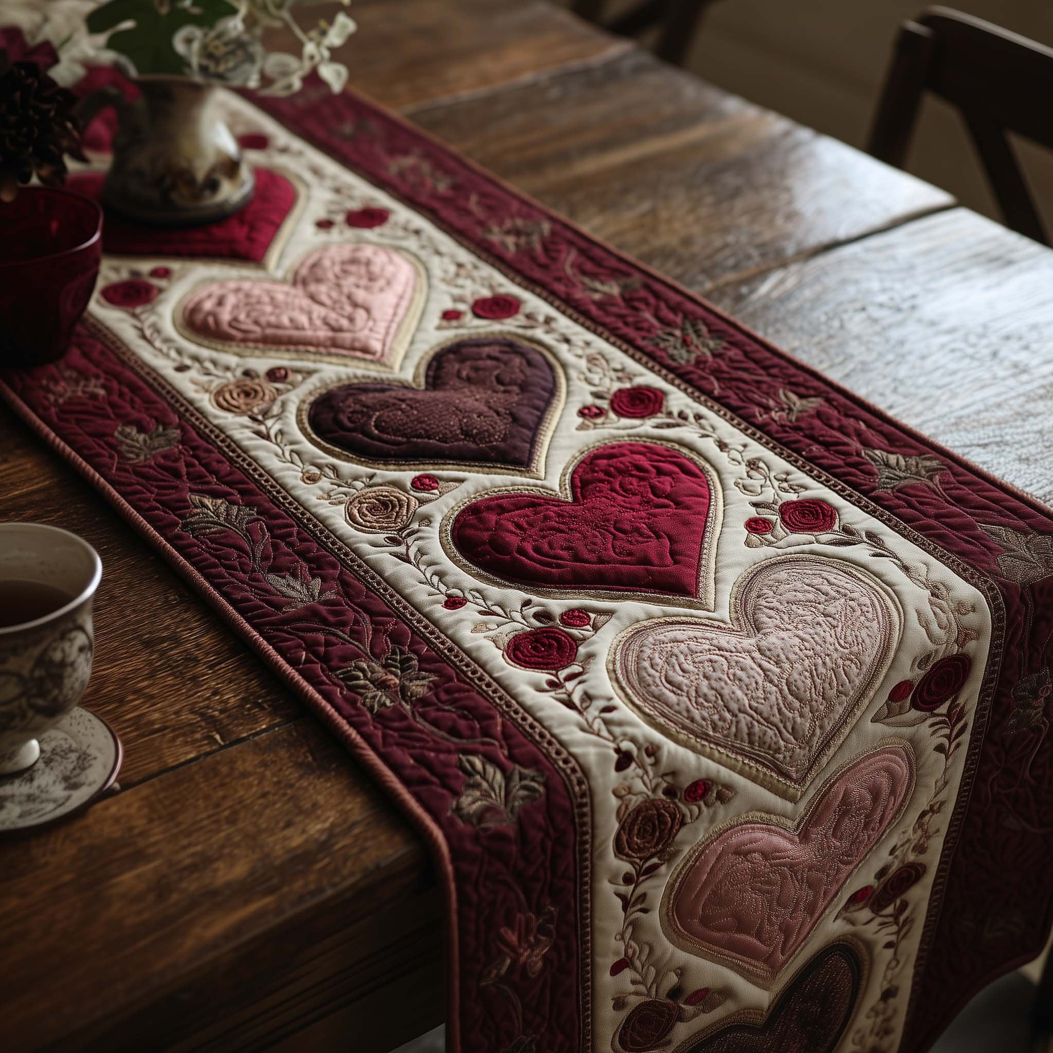 Pink and Red Hearts on Cream Table Runner