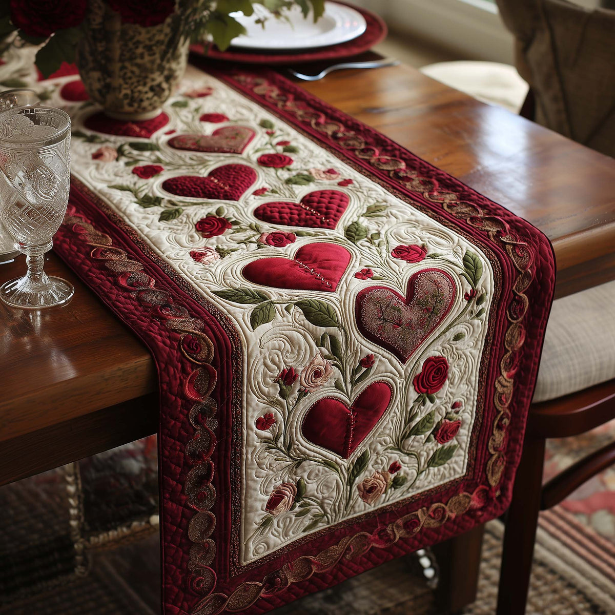 Red Hearts with Leafy Vines Table Runner