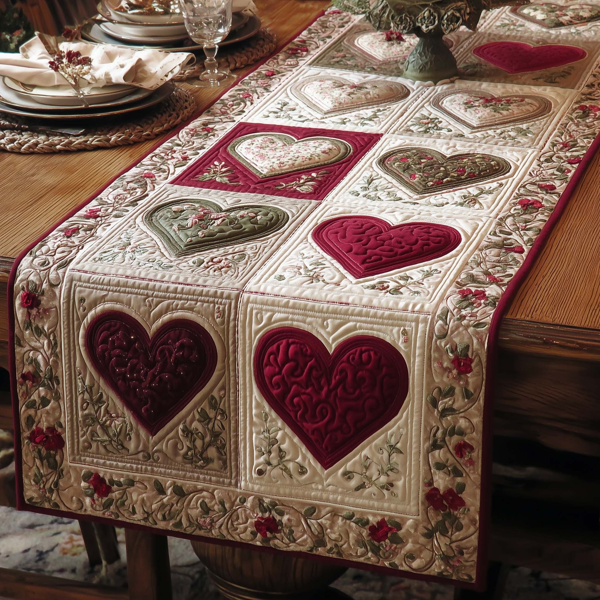 Burgundy Hearts on Cream Blocks Table Runner
