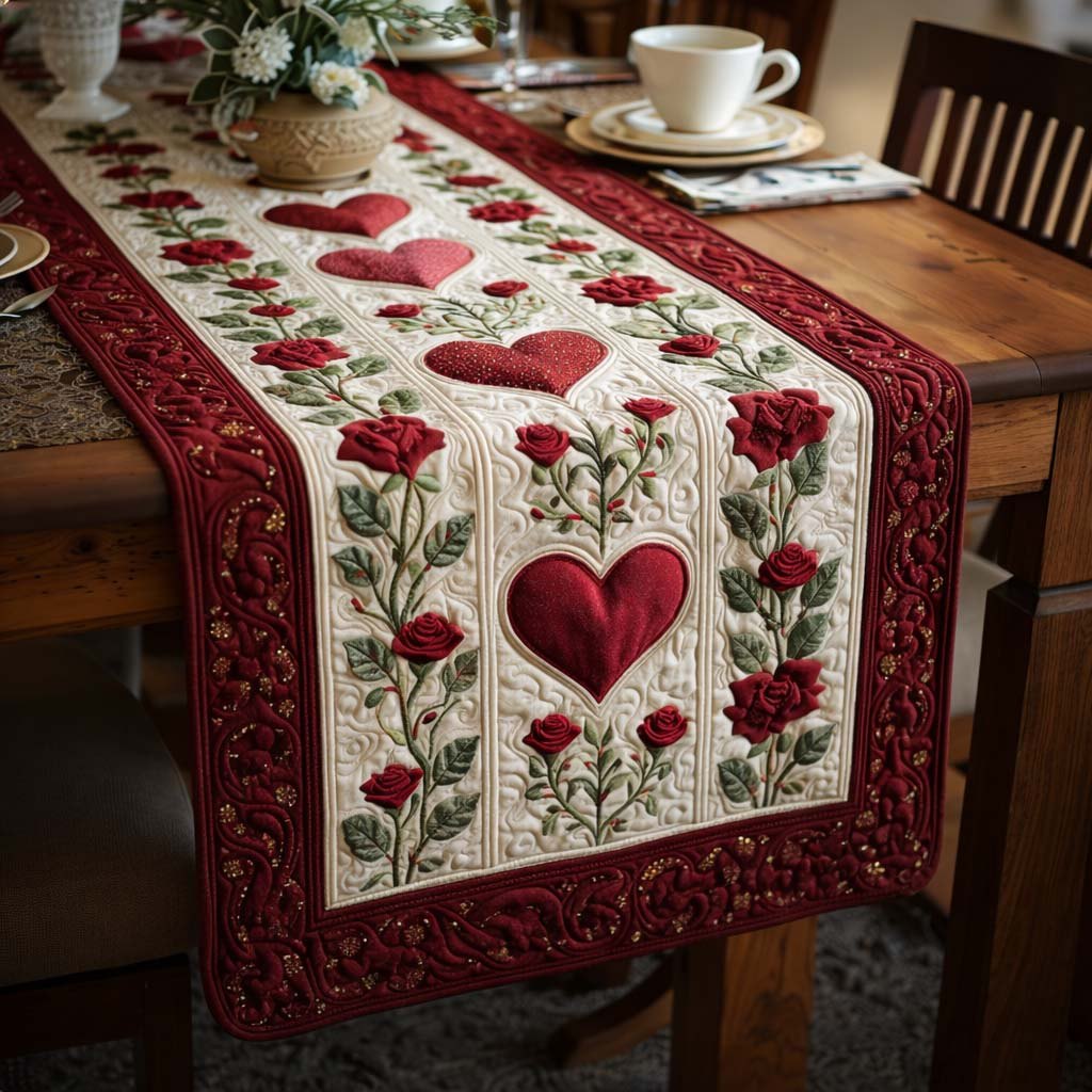 Red Heart with Rose Border Table Runner