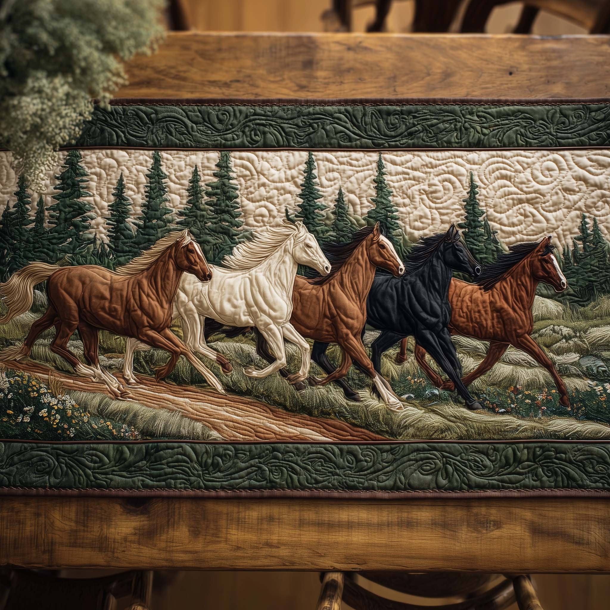 Running Horses in a Green Field Table Runner