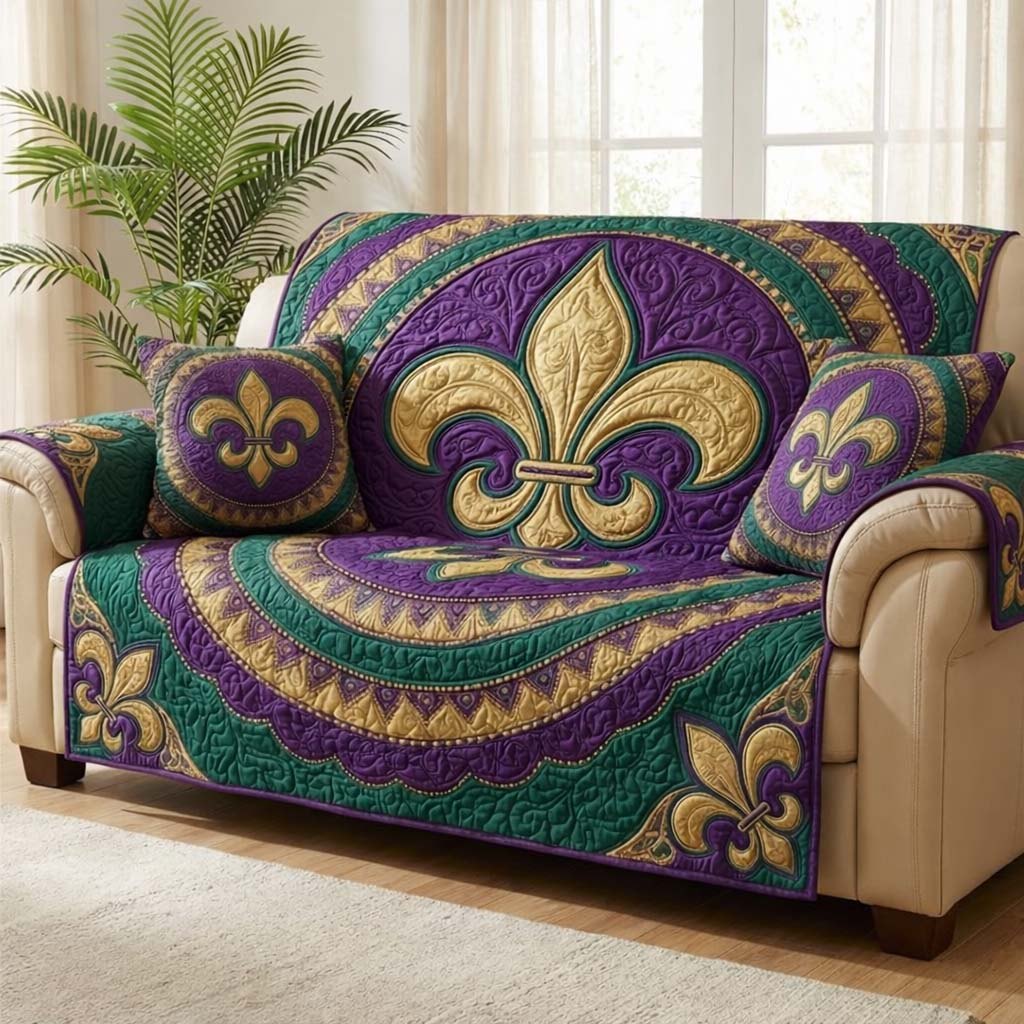 Fleur de Lis in Green and Violet Bands Sofa Cover