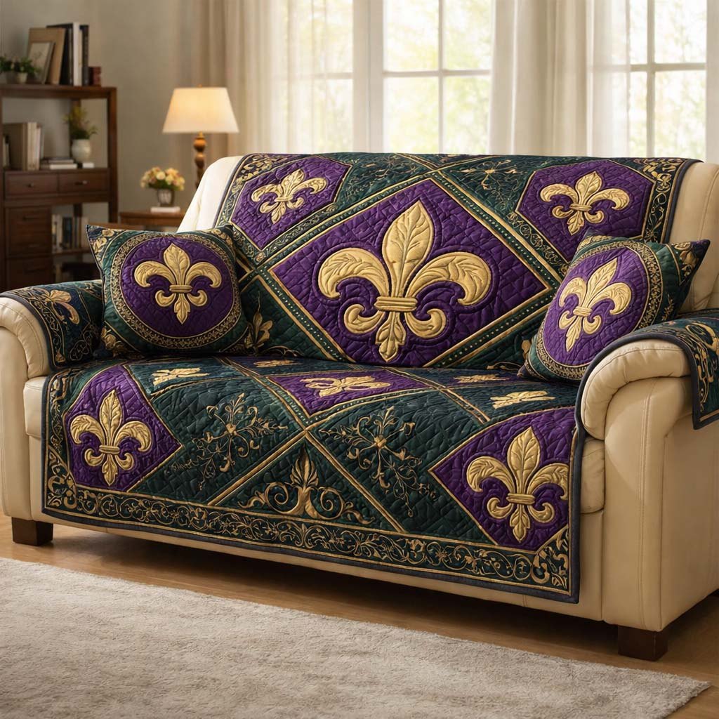 Ornate Fleur de Lis on Deep Purple Sofa Cover