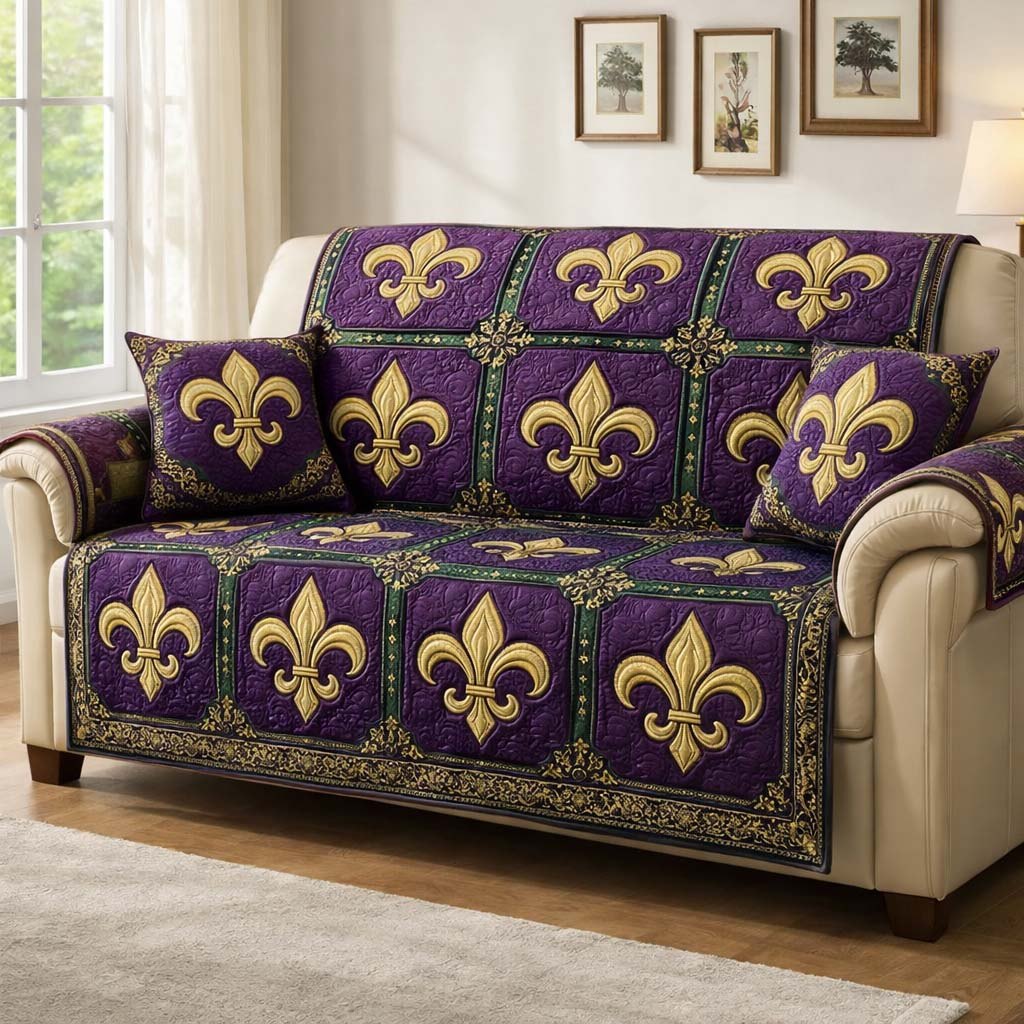 Fleur de Lis in Purple Grid Sofa Cover