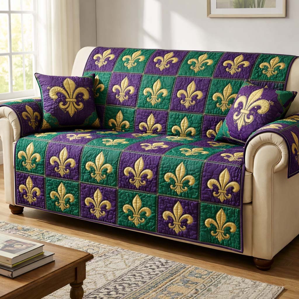 Fleur de Lis on Green Checks Sofa Cover