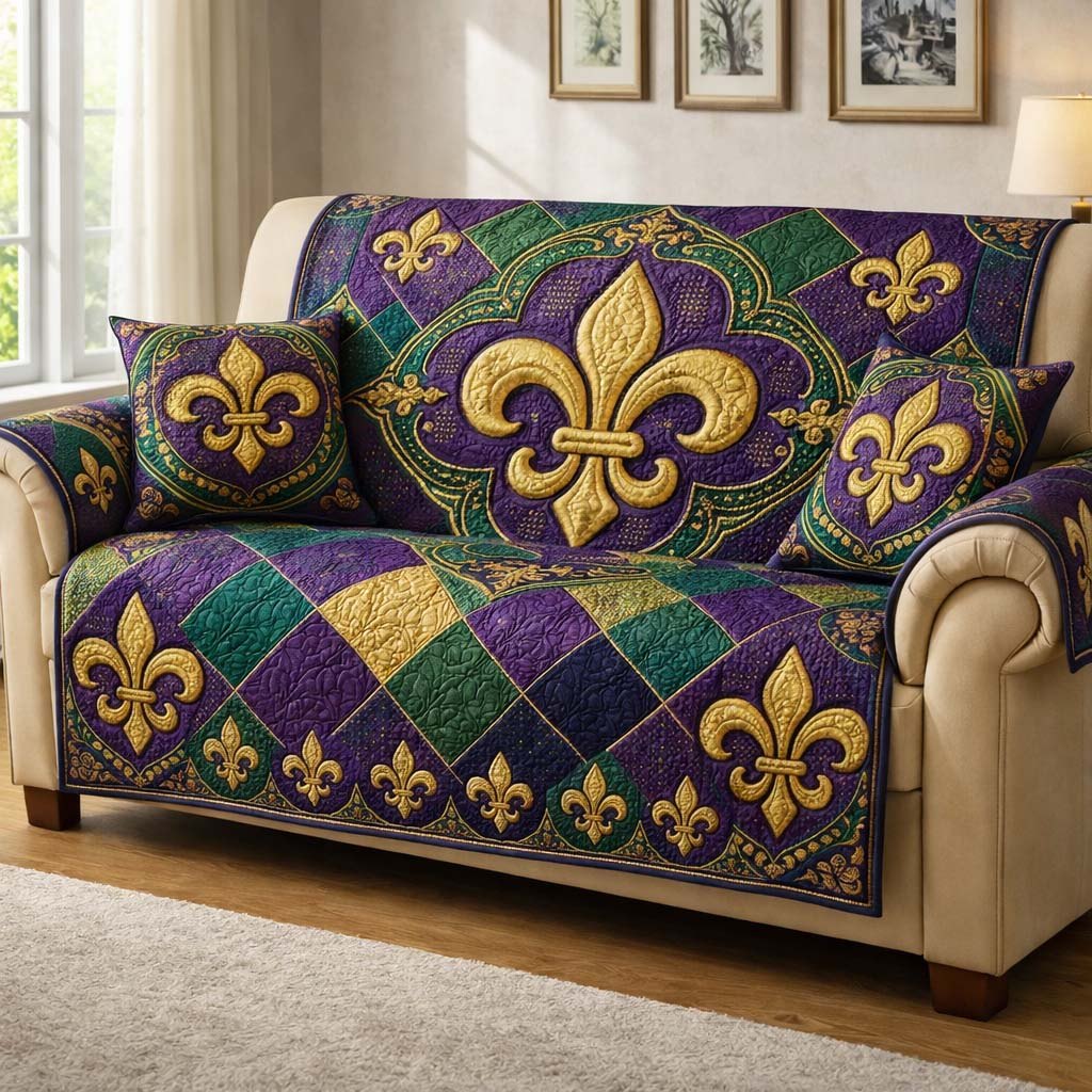 Fleur de Lis on Argyle Diamonds Sofa Cover