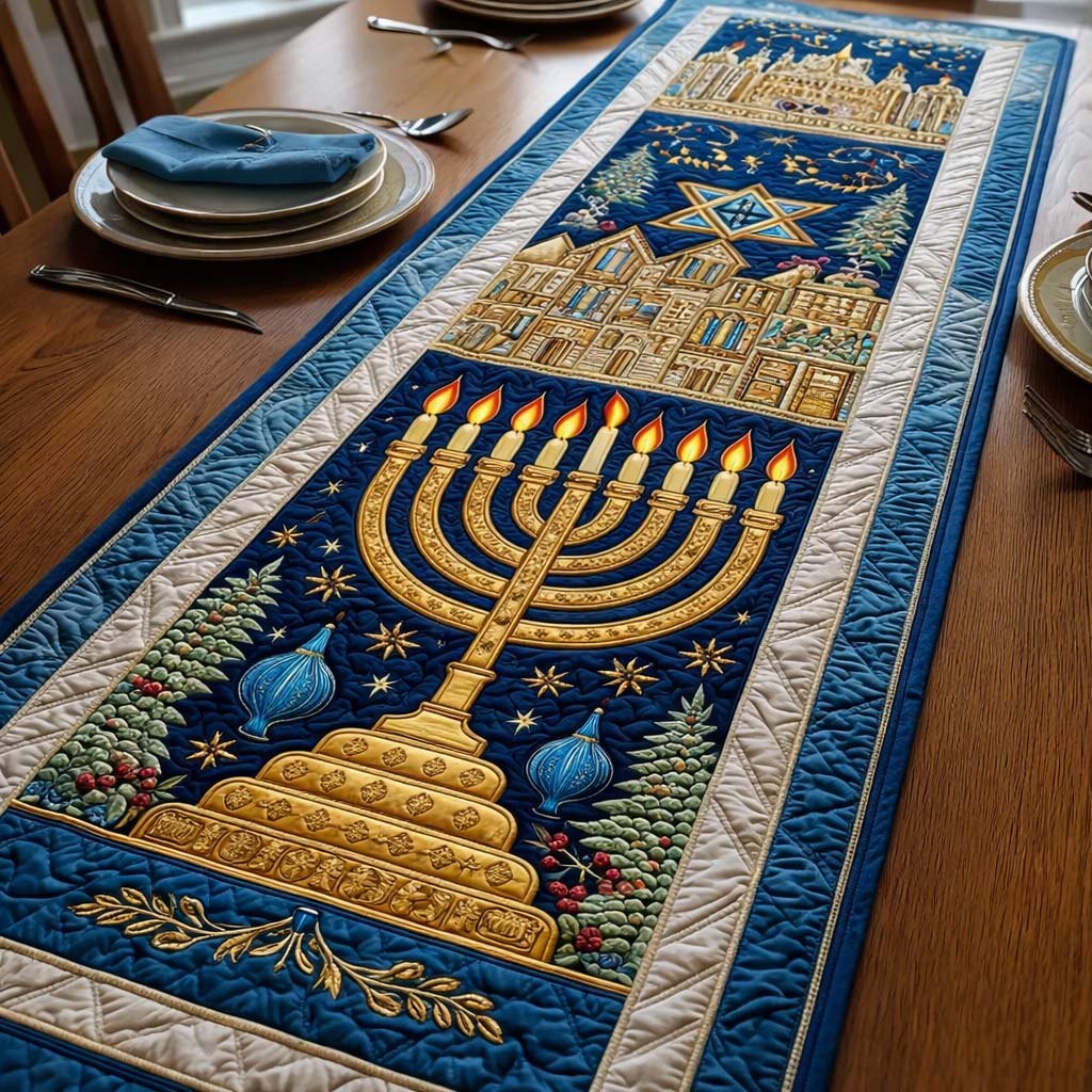 Menorah with Pomegranates and Village Table Runner