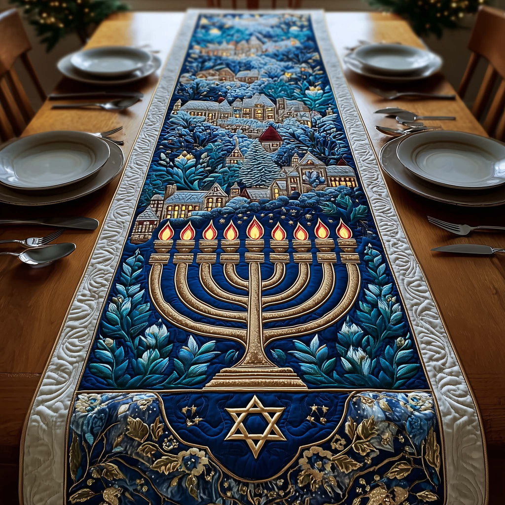 Menorah with Star and Hillside Town Table Runner