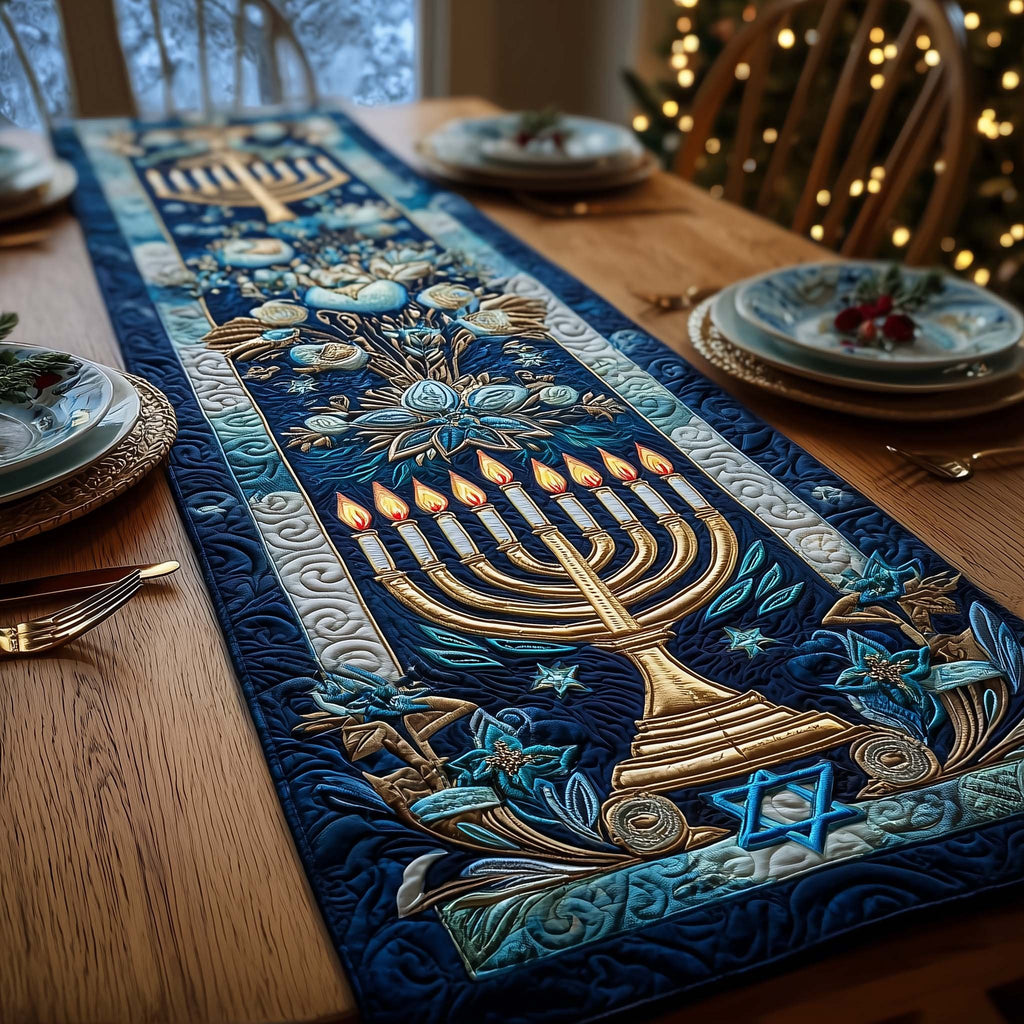 Menorah with Blue Foliage Border Table Runner