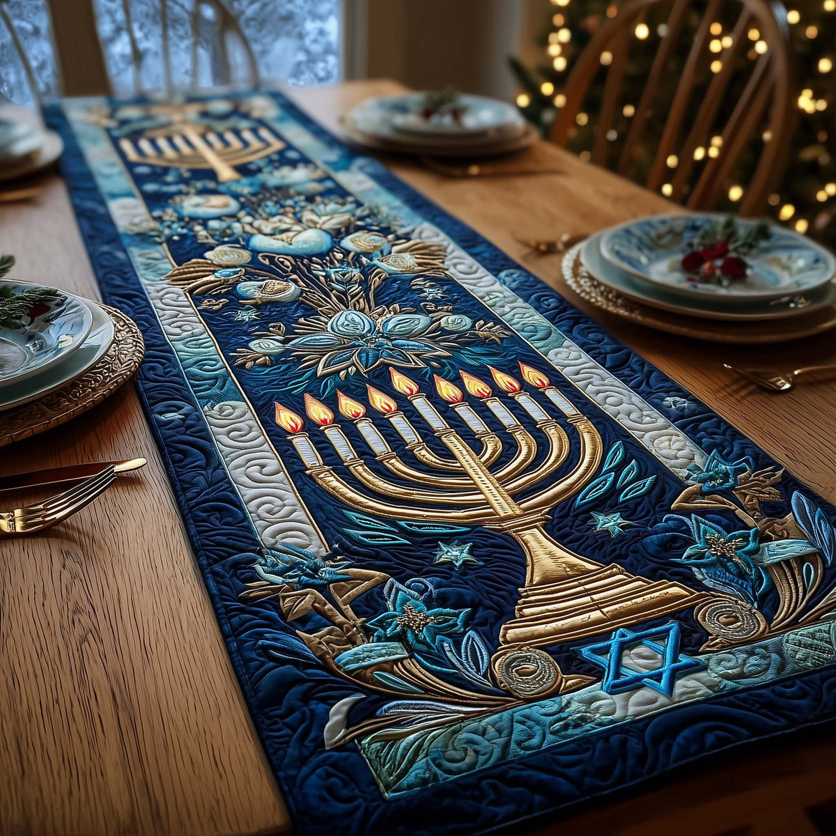 Menorah with Blue Foliage Border Table Runner