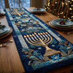 Menorah with Blue Foliage Border Table Runner