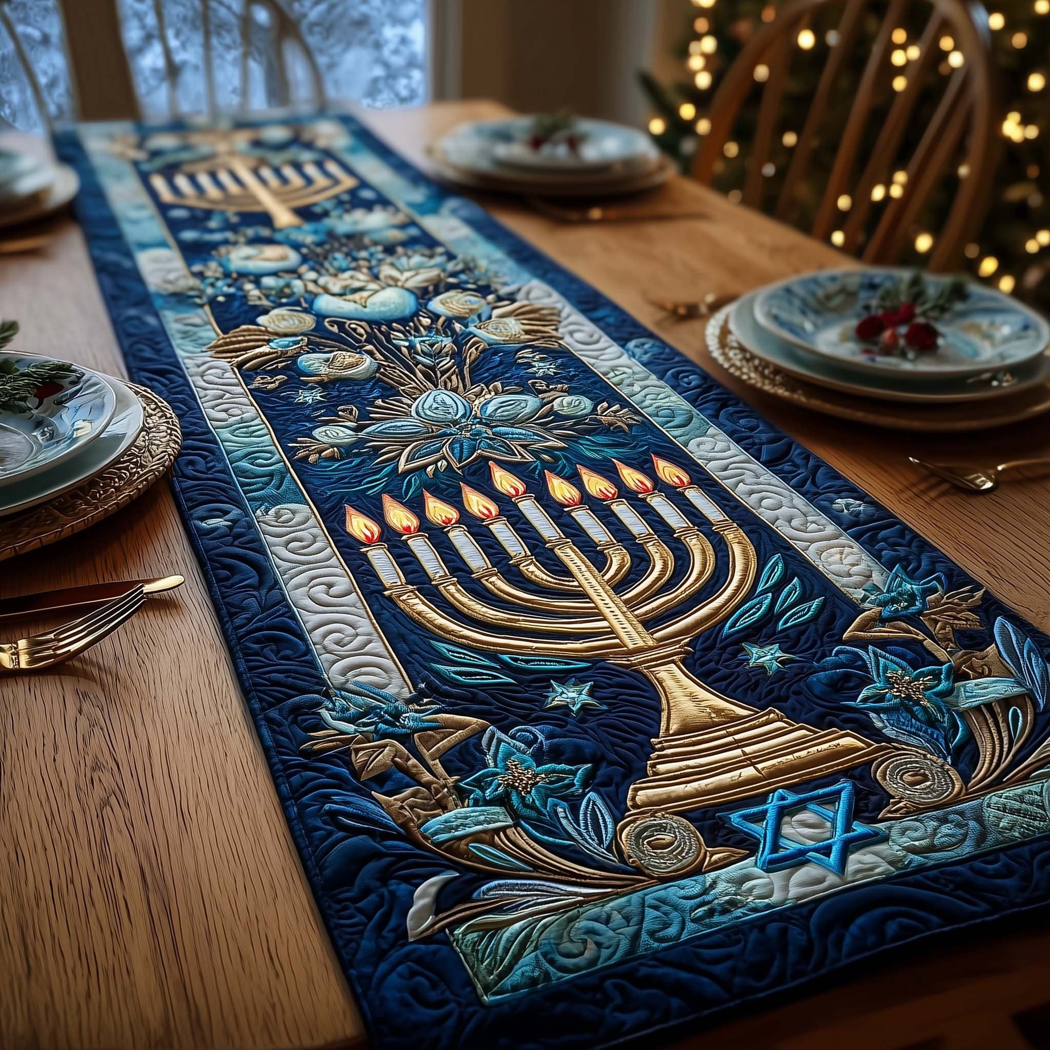 Menorah with Blue Foliage Border Table Runner