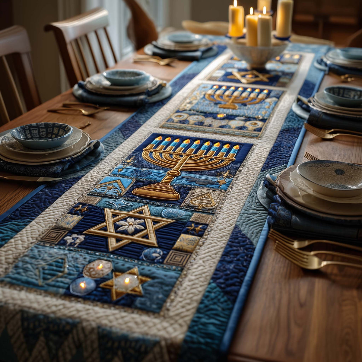 Menorah with Stars and Dreidel Blocks Table Runner