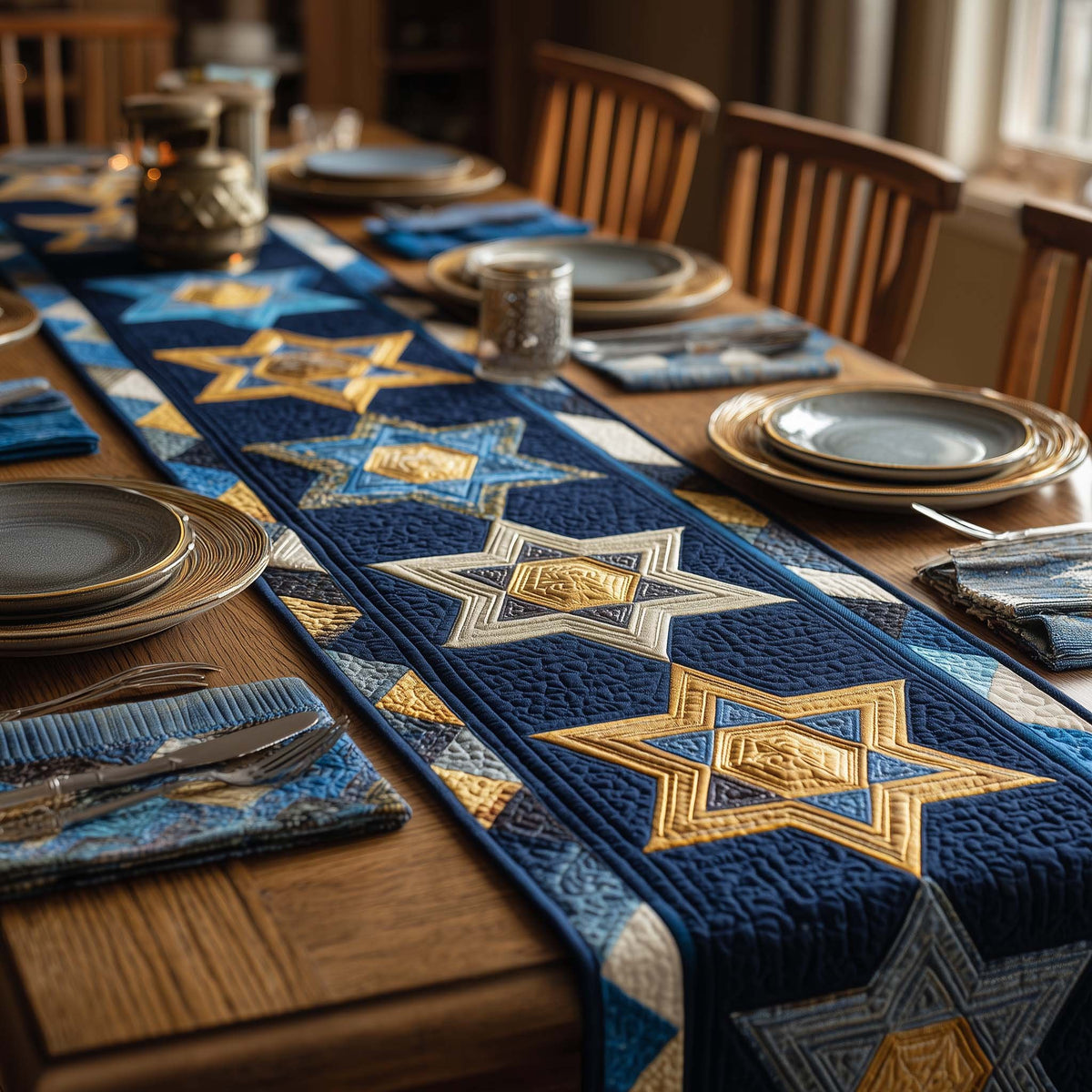 Gold Stars on Navy Panel Table Runner