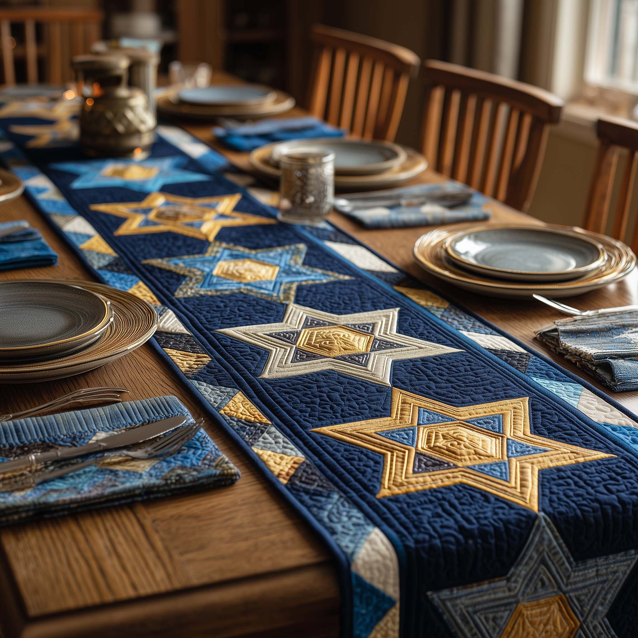 Gold Stars on Navy Panel Table Runner