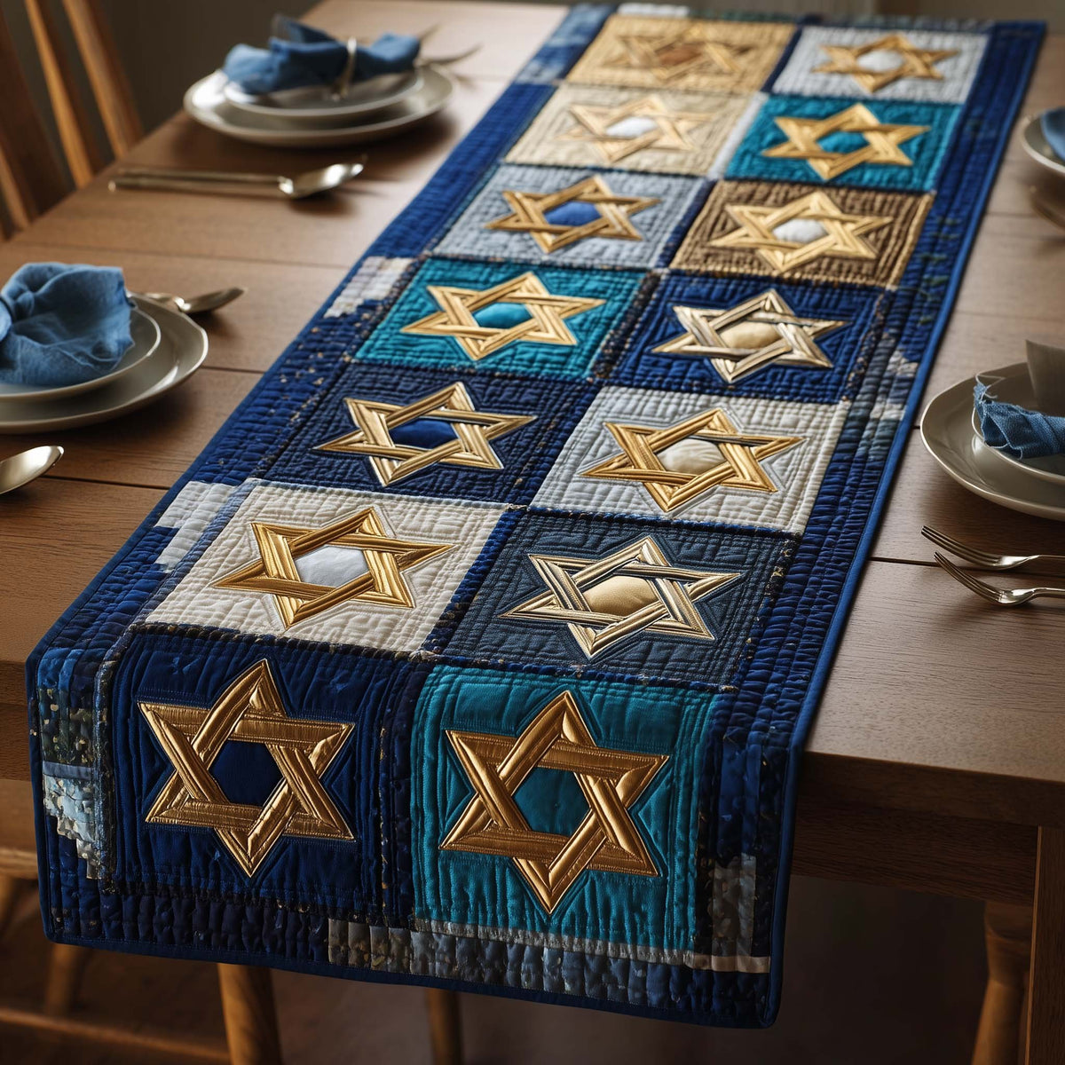 Star of David Squares in Gold Table Runner