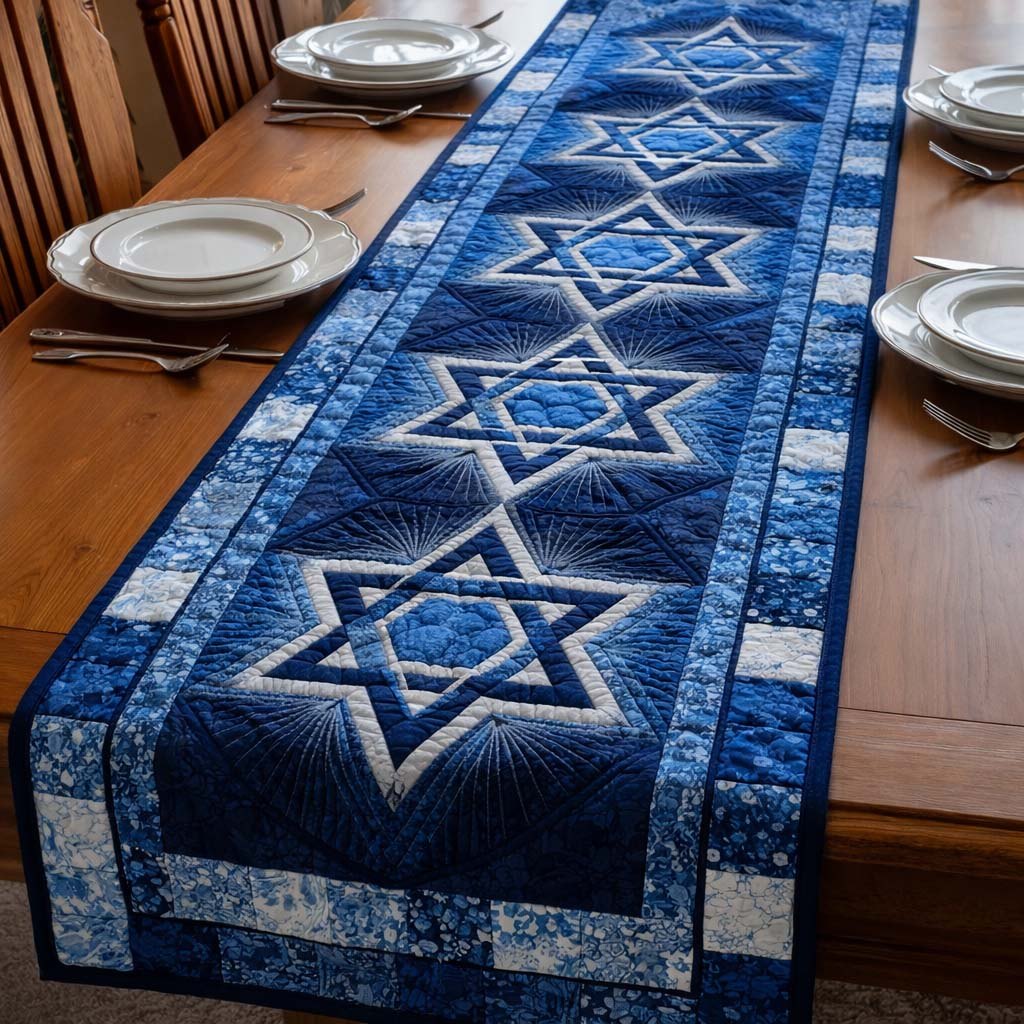 Blue and White Layered Stars Table Runner