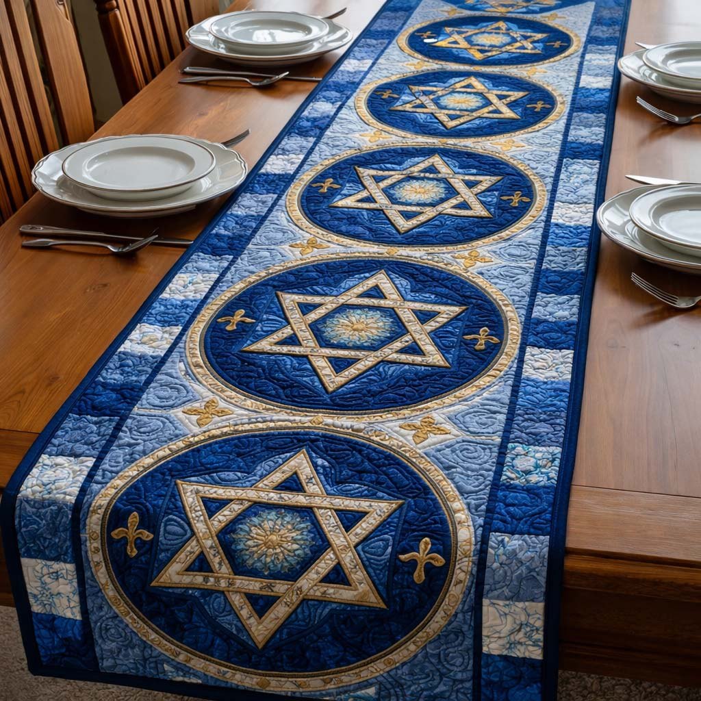 Gold Stars in Blue Circles Table Runner