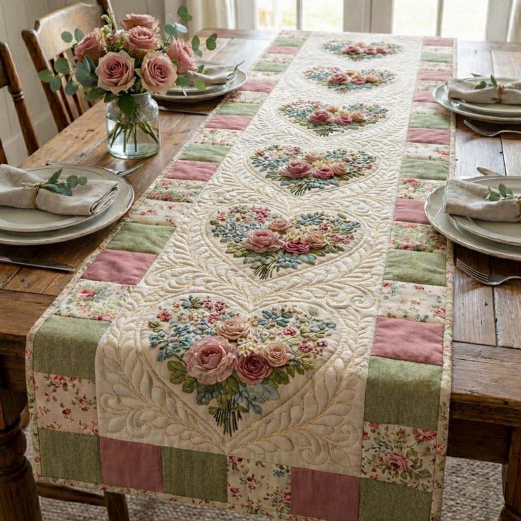 Floral Hearts on Green Patchwork Table Runner