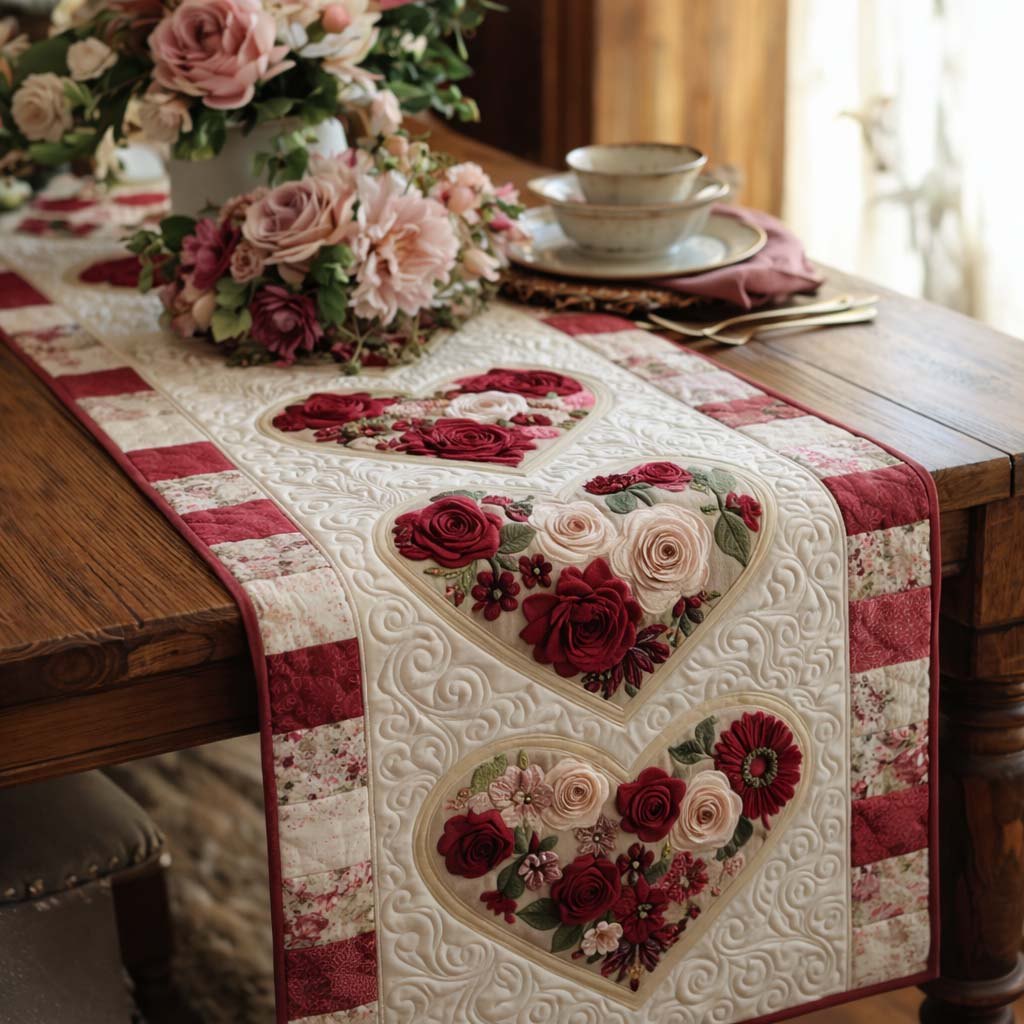 Rose Hearts on Red Check Border Table Runner