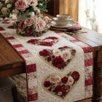 Rose Hearts on Red Check Border Table Runner