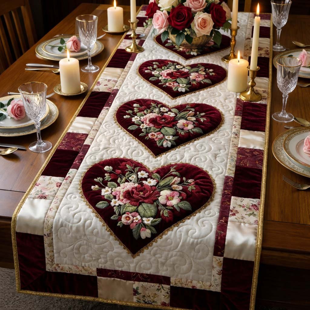Burgundy Rose Hearts on Cream Table Runner