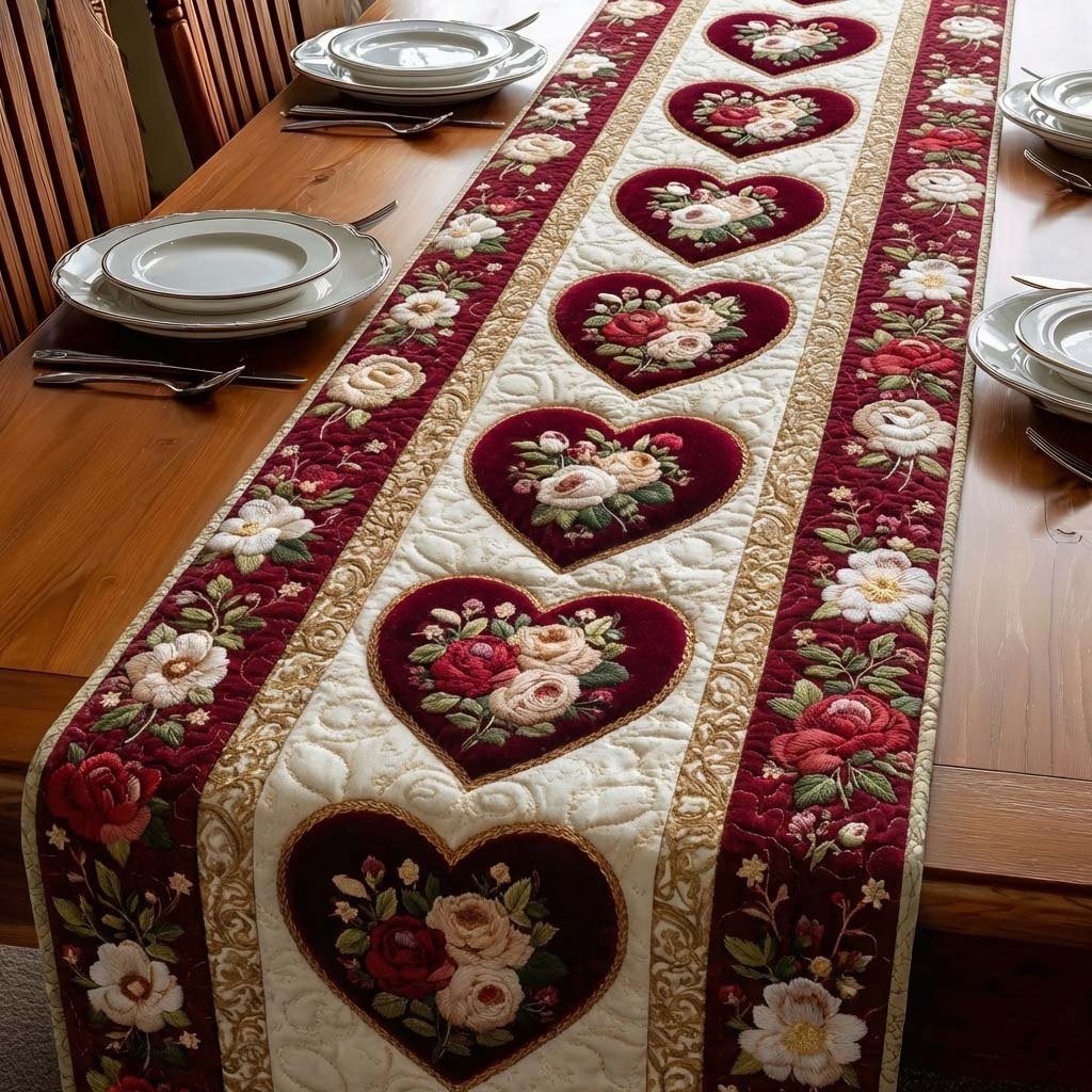 Rose Hearts with Burgundy Border Table Runner