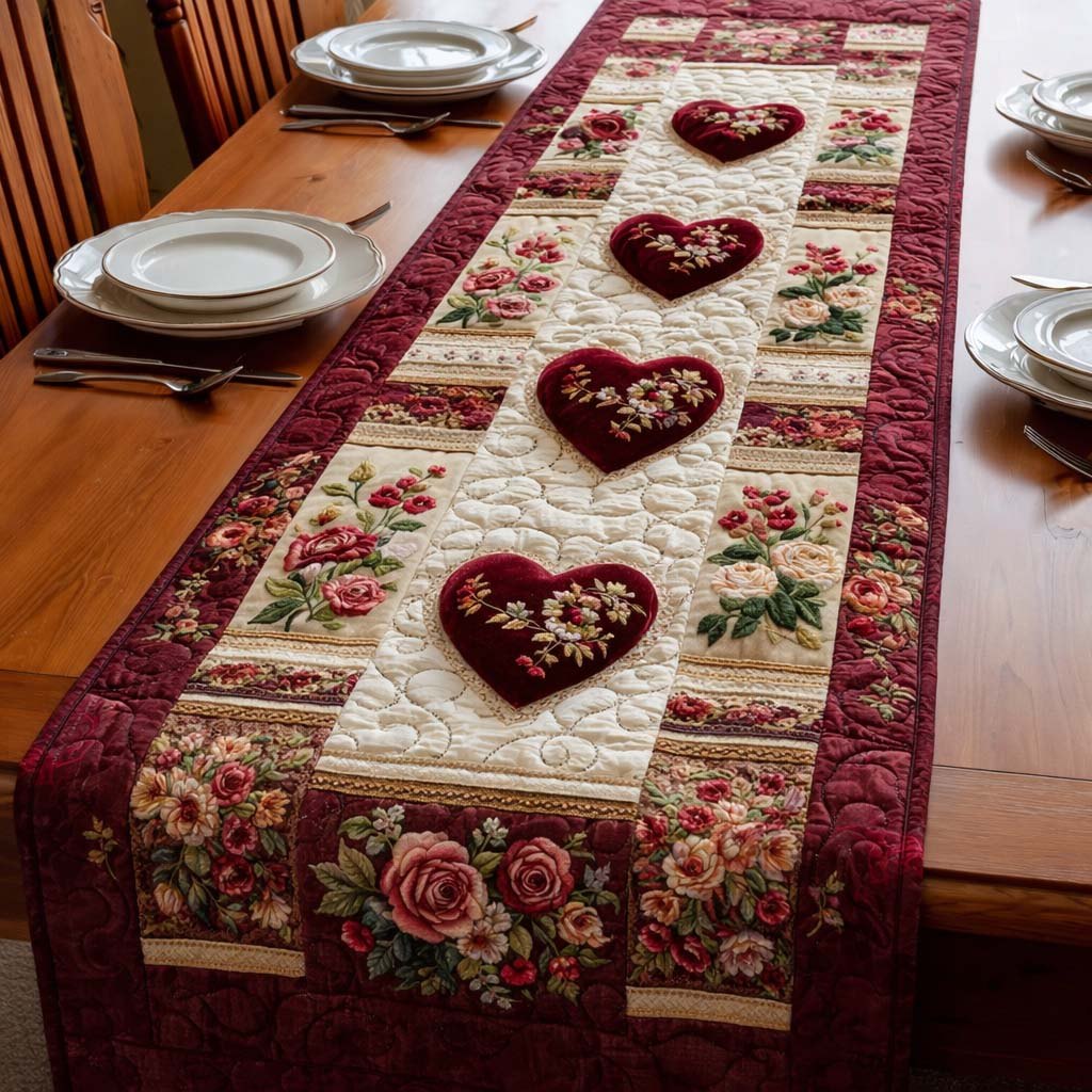Floral Hearts on Rose Print Panel Table Runner