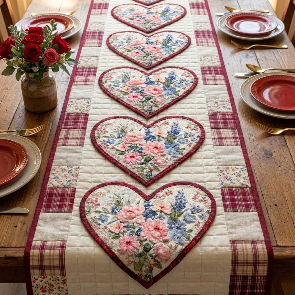 Pastel Rose Hearts with Plaid Trim Table Runner