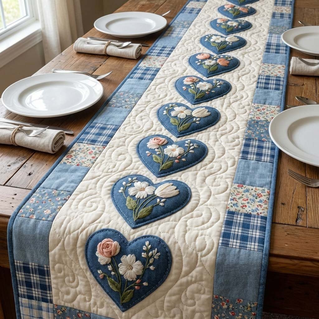 Blue Floral Hearts on Denim Table Runner